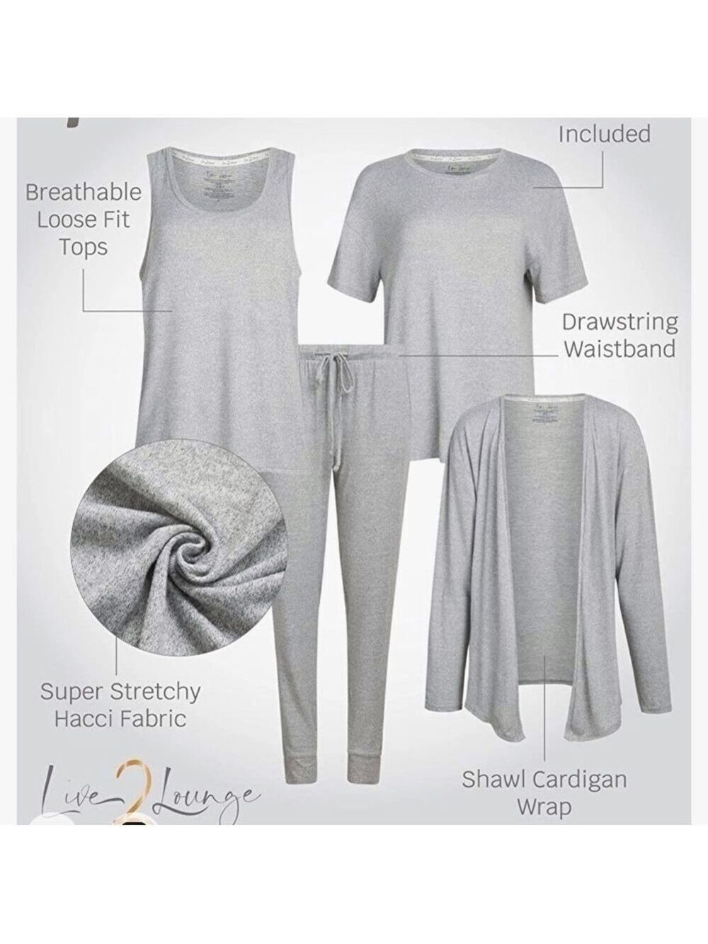 NEW-Live 2 Lounge 4Pc Essential Lounge Set-Wrap Cardigan,T-Shirt,TankTop,Joggers